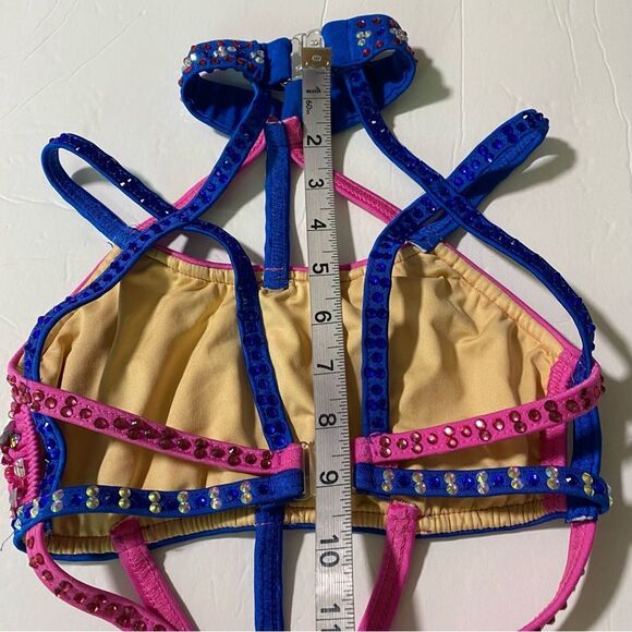 Glamour solo sassy dance costume blue pink embellished rhinestone fringe LC - Picture 8 of 13